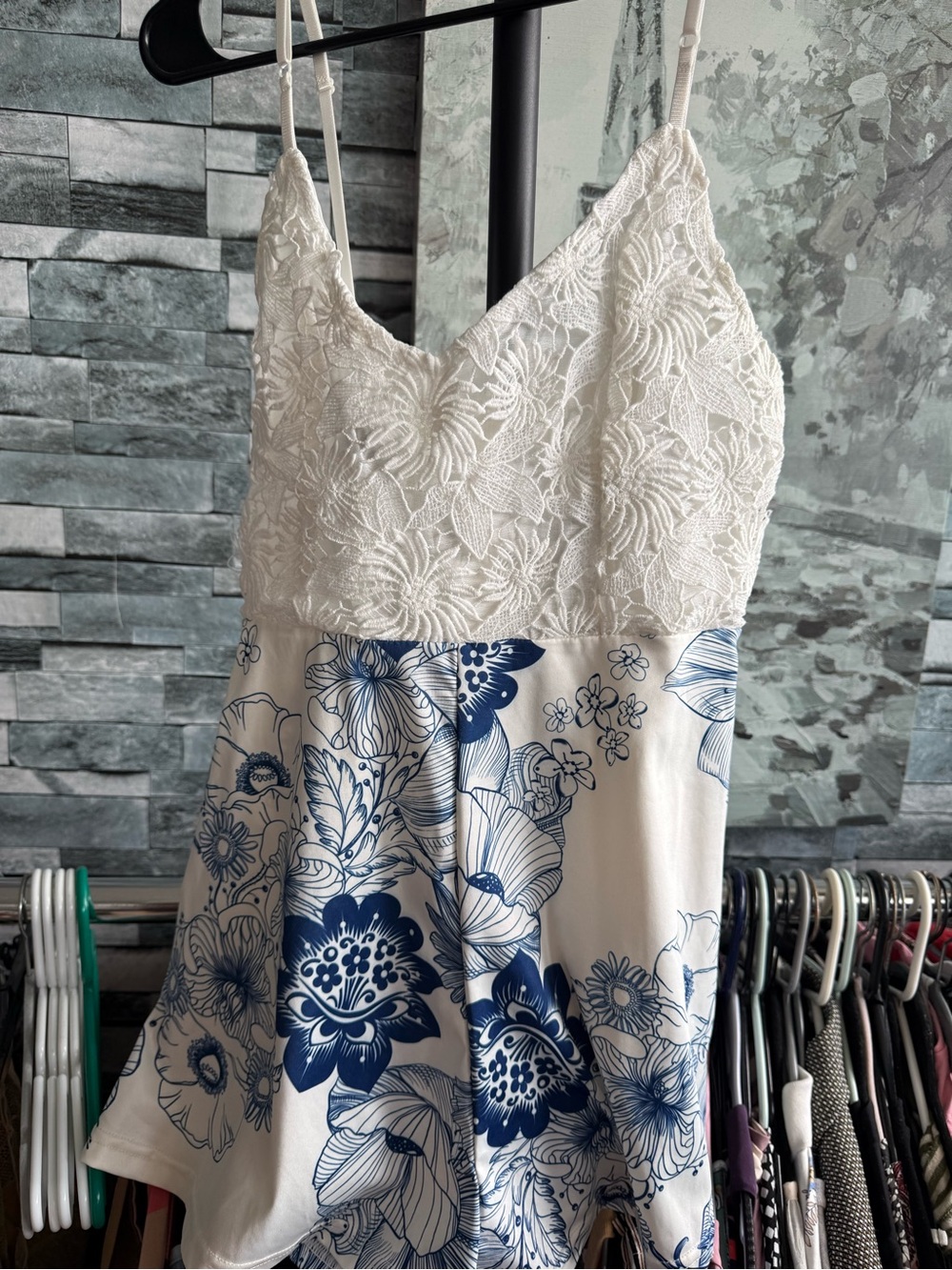 White crochet top & Blue Floral Spaghetti Strap Romper